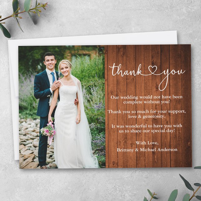 Calligraphy Heart Rustic Wood Wedding Photo Thank You Card (Customize to add more text or photos to back of card.)