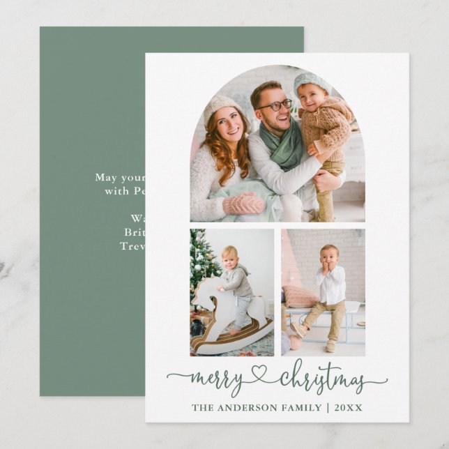 Calligraphy Heart Sage Green Arch Photo Christmas Holiday Card (Front/Back)