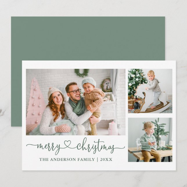 Calligraphy Heart Sage Green Christmas 3 Photo Holiday Card (Front/Back)