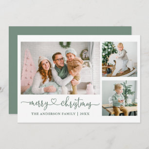 Calligraphy Heart Sage Green Christmas 3 Photo Holiday Card