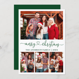 Calligraphy Heart Script Christmas 4 Photo Green Holiday Card