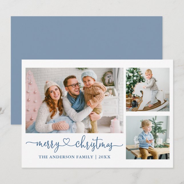 Calligraphy Heart Script Christmas Blue 3 Photo Holiday Card (Front/Back)