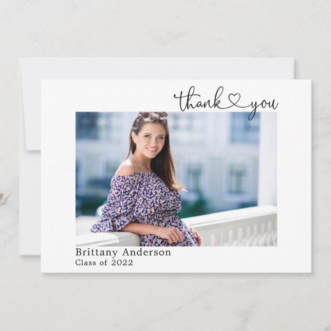 Calligraphy Heart Script Graduate Photo Thank You Card (Front)