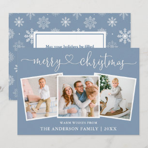 Calligraphy Heart Snowflakes Dusty Blue 3 Photo Holiday Card