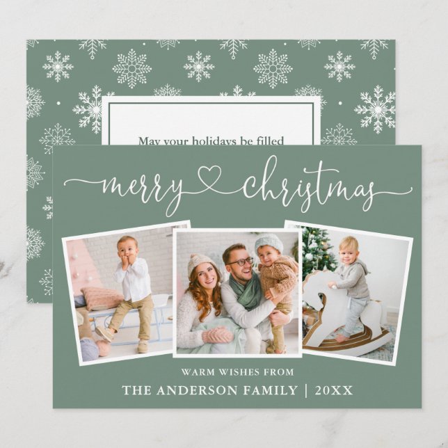 Calligraphy Heart Snowflakes Sage Green 3 Photo Holiday Card (Front/Back)