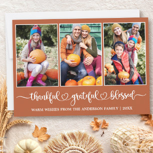Calligraphy Heart Thankful Terracotta 3 Photo Holiday Card