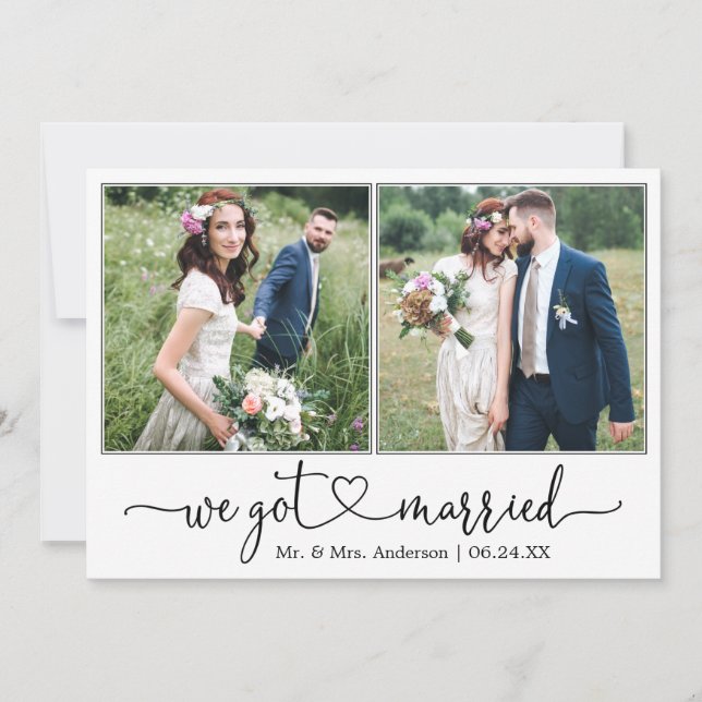 Calligraphy Heart We Got Married 2 Photo Wedding Announcement (Front)