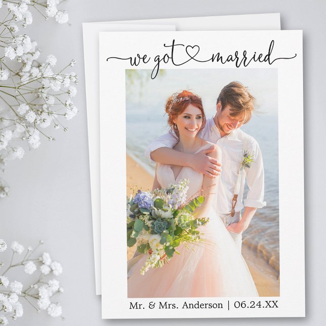 Calligraphy Heart We Got Married Photo Wedding Announcement (Customize to add text or more photos to back of card.)