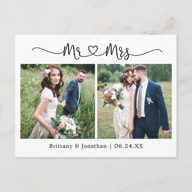 Calligraphy Heart Wedding 2 Photo Thank You Postcard (Front)