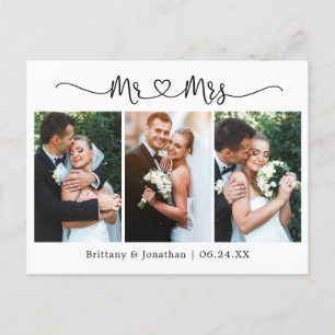 Calligraphy Heart Wedding 3 Photo Thank You Postcard