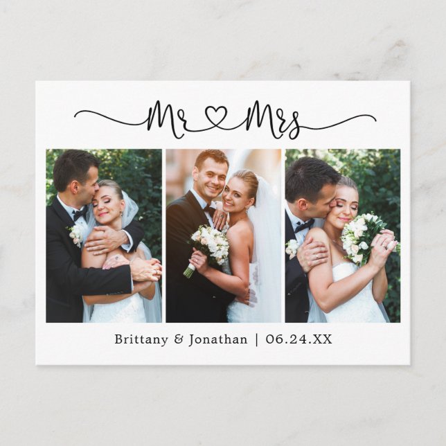 Calligraphy Heart Wedding 3 Photo Thank You Postcard (Front)