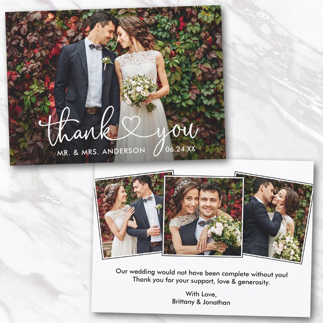 Calligraphy Heart Wedding Bride Groom 4 Photos Thank You Card (Customize to change your personalized text size or text style.)