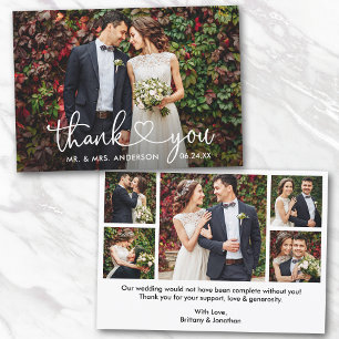 Calligraphy Heart Wedding Bride Groom 6 Photo Thank You Card