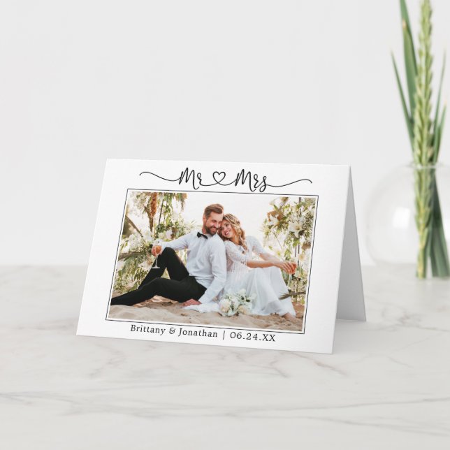 Calligraphy Heart Wedding Mr. and Mrs. Photo Fold Thank You Card (Front)