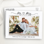 Calligraphy Heart Wedding Mr. Mrs. Photo Thank You Postcard<br><div class="desc">Modern Minimalist Simple Calligraphy Script Mr. and Mrs. Heart Wedding Bride and Groom Photo Thank You Postcard</div>