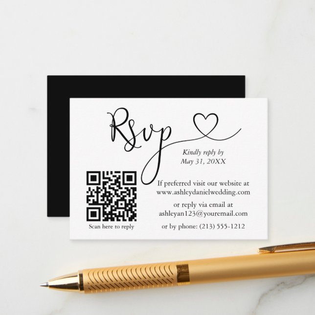 Calligraphy Heart Wedding QR Black RSVP Enclosure Card (Front/Back In Situ)