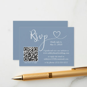 Calligraphy Heart Wedding QR RSVP Dusty Blue Enclosure Card
