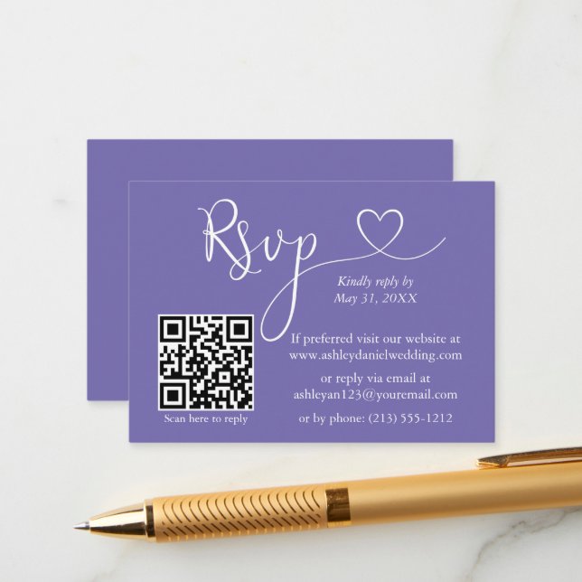Calligraphy Heart Wedding QR RSVP Periwinkle Enclosure Card (Front/Back In Situ)