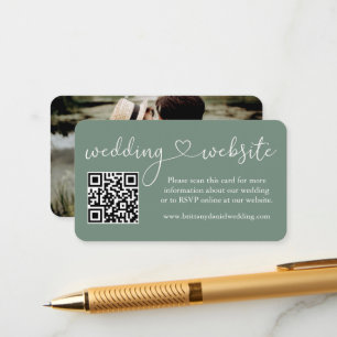 Calligraphy Heart Wedding Web QR Photo Sage Green Enclosure Card