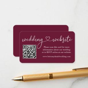 Calligraphy Heart Wedding Website QR Burgundy Enclosure Card