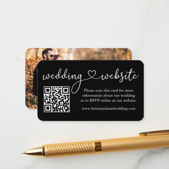 Calligraphy Heart Wedding Website QR Photo Black Enclosure Card (Front/Back In Situ)