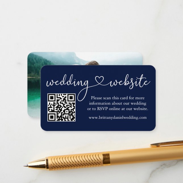 Calligraphy Heart Wedding Website QR Photo Blue Enclosure Card (Front/Back In Situ)