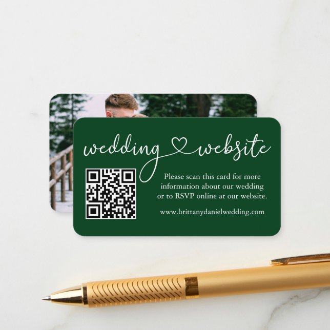 Calligraphy Heart Wedding Website QR Photo Green Enclosure Card (Front/Back In Situ)