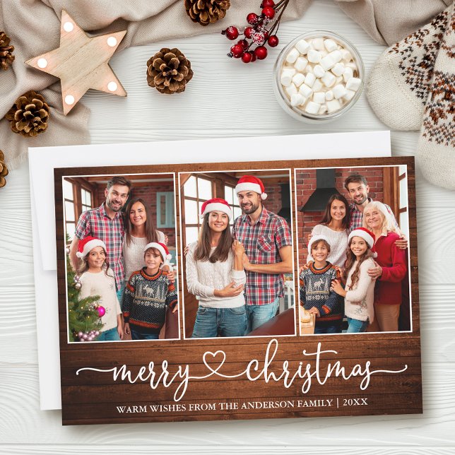 Calligraphy Heart Wood 3 Photo Merry Christmas Holiday Card (Customize to add text to back of card.)