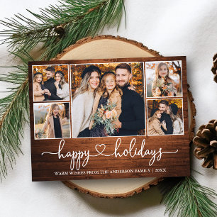 Calligraphy Heart Wood Happy Holidays 5 Photo Postcard