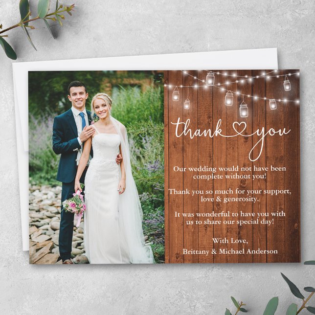 Calligraphy Heart Wood Jar Lights Wedding Thank You Card (Customize to add more text or photos to back of card.)