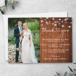 Calligraphy Heart Wood Lights Wedding Photo Thank You Card<br><div class="desc">Modern Stylish Calligraphy Script with Heart Bride and Groom Wedding Photo Thank You Card - Rustic Country Wood with String Lights</div>