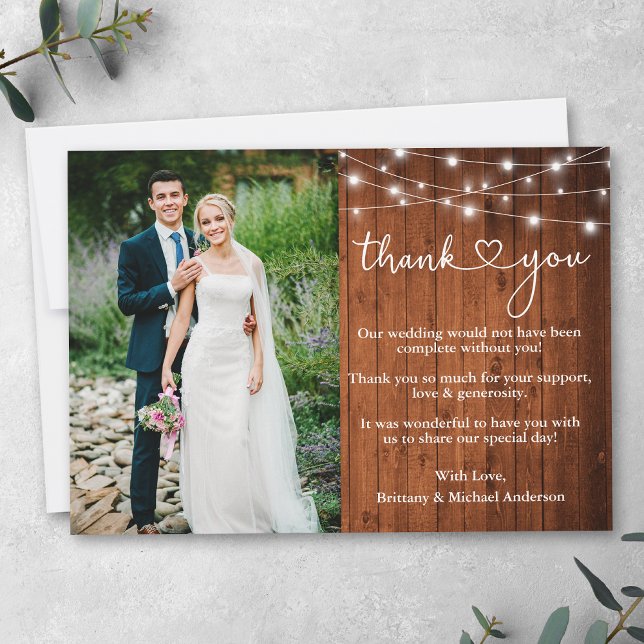 Calligraphy Heart Wood Lights Wedding Photo Thank You Card (Customize to add text or more photos to back of card.)
