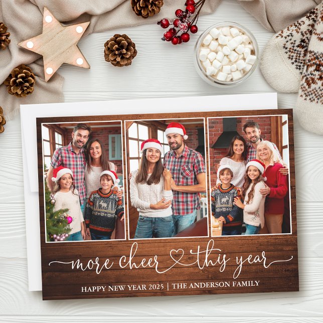 Calligraphy Heart Wood More Cheer 3 Photo  Holiday Card (Customize to add text to back of card.)