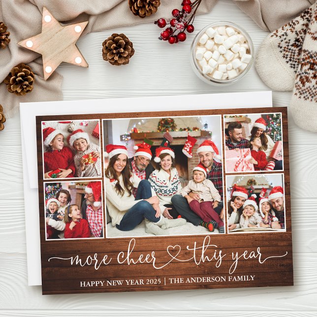 Calligraphy Heart Wood More Cheer 5 Photo  Holiday Card (Customize to add text to back of card.)