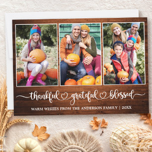 Calligraphy Heart Wood Thankful 3 Photo Holiday Card