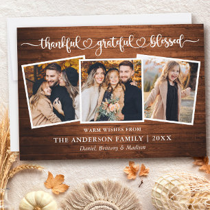 Calligraphy Heart Wood Thankful 3 Photos Holiday Card