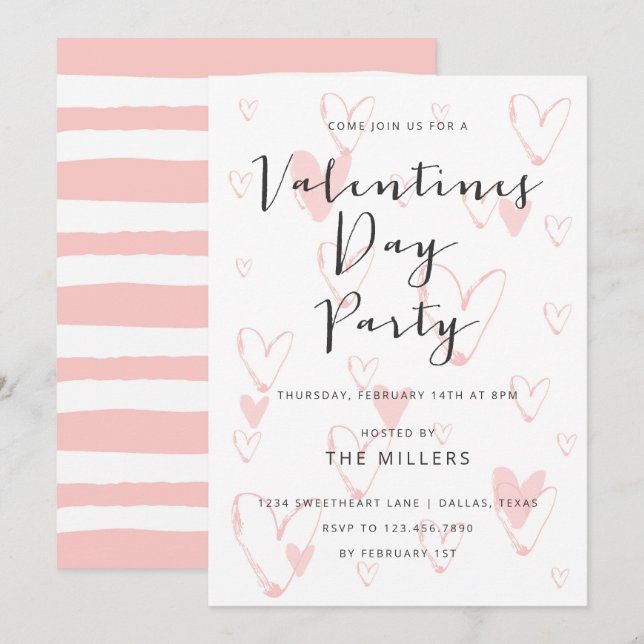 Calligraphy Hearts Valentine Party Invitation (Front/Back)