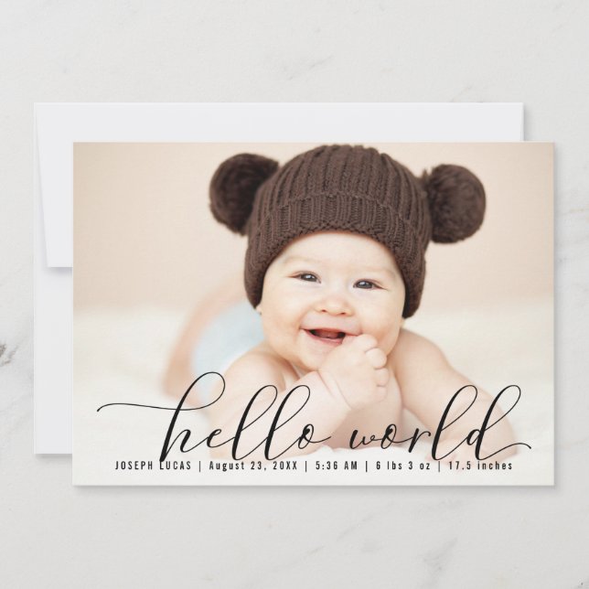 Calligraphy Hello World Photo Collage Birth Announcement (Front)