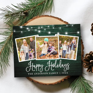 Calligraphy Holiday Green Wood String Lights Photo Postcard