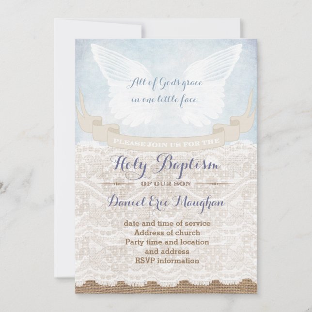 Calligraphy Holy Baptism Vintage Style Cards, Boy Invitation (Front)