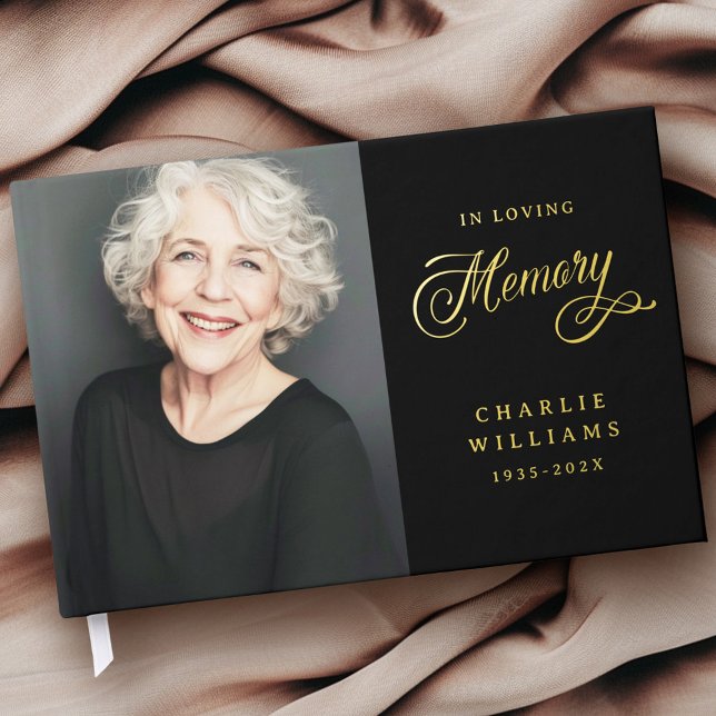 Calligraphy in loving memory funeral black photo guest book (Calligraphy in loving memory funeral black photo foil guest book)