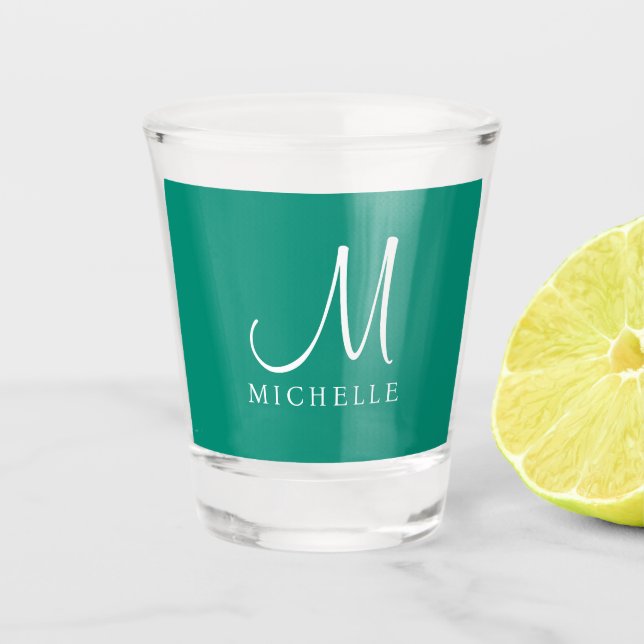Calligraphy Initial Monogram Name Teal Template Shot Glass (Front)