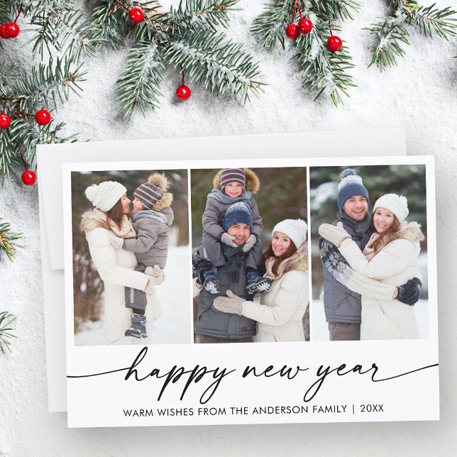 Calligraphy Ink 3 Photo Happy New Year  Holiday Card (Customize to change your personalized text size or text style.)