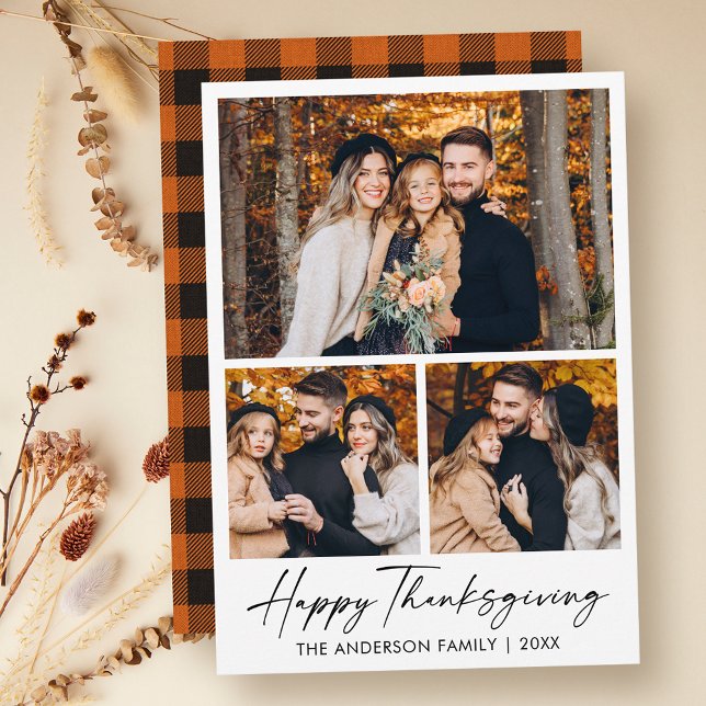 Calligraphy Ink 3 Photo Orange Plaid Thanksgiving Holiday Card (Customize to change your personalized text size or text style.)