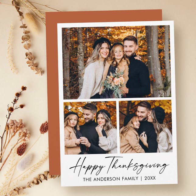 Calligraphy Ink 3 Photo Terracotta Thanksgiving Holiday Card (Customize to change your personalized text size, style or to change color of back of card.)
