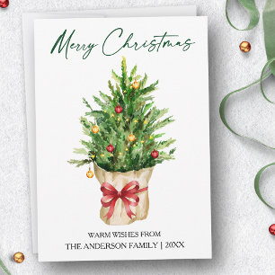 Calligraphy Ink Christmas Watercolor Pine Red Bow Holiday Card