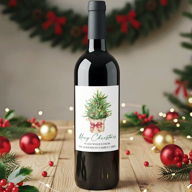 Calligraphy Ink Christmas Watercolor Pine Red Bow Wine Label (Customize your change your personalized text size or text style.)