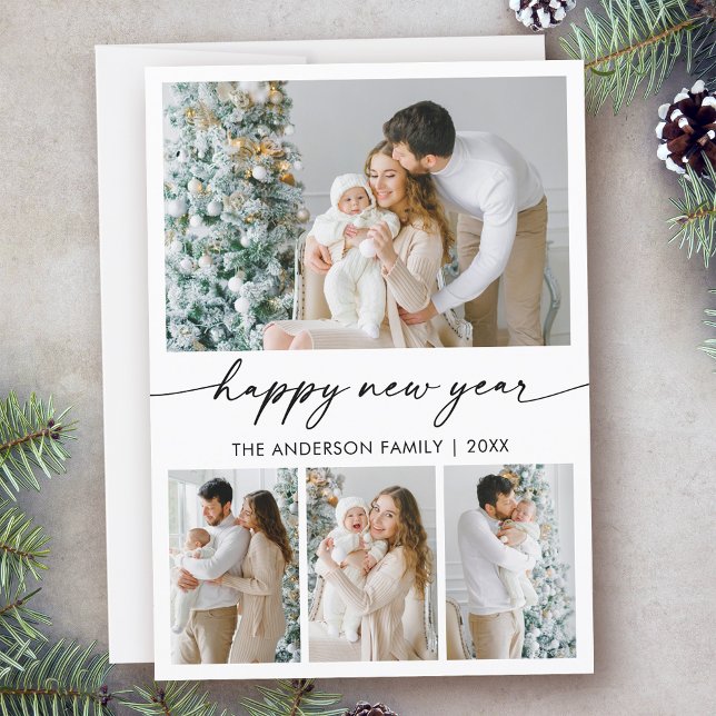 Calligraphy Ink Happy New Year 4 Photo Holiday Card (Customize to change your personalized text size or text style.)