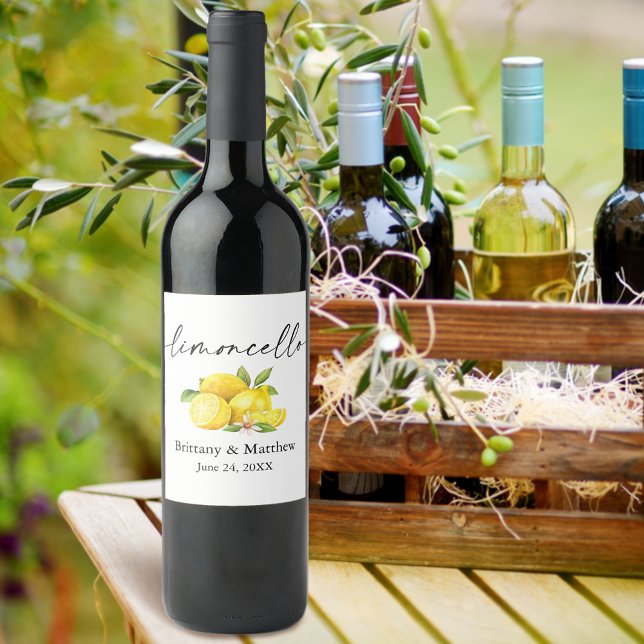 Calligraphy Ink Limoncello Watercolor Lemons Wine Label (Customize to change your personalized text size or text style.)