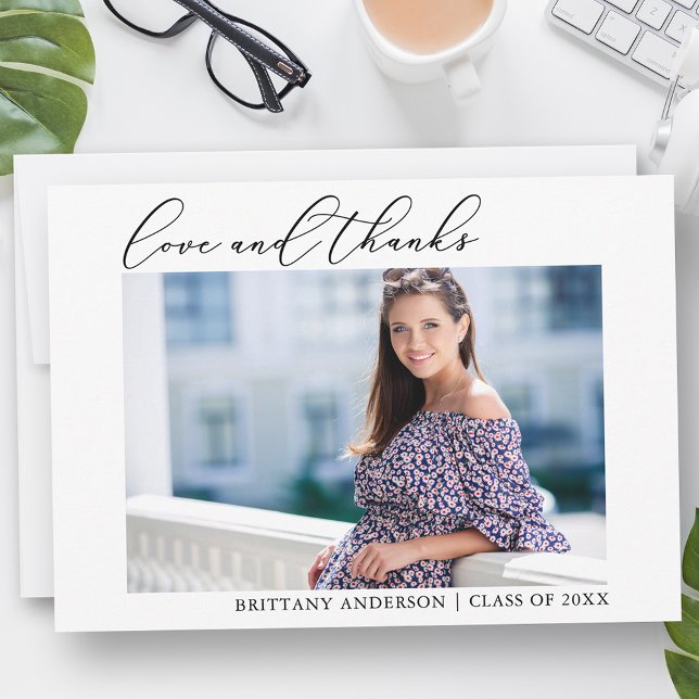 Calligraphy Ink Love and Thanks Photo Graduation Thank You Card (Customize to add text or more photos to back of card.)